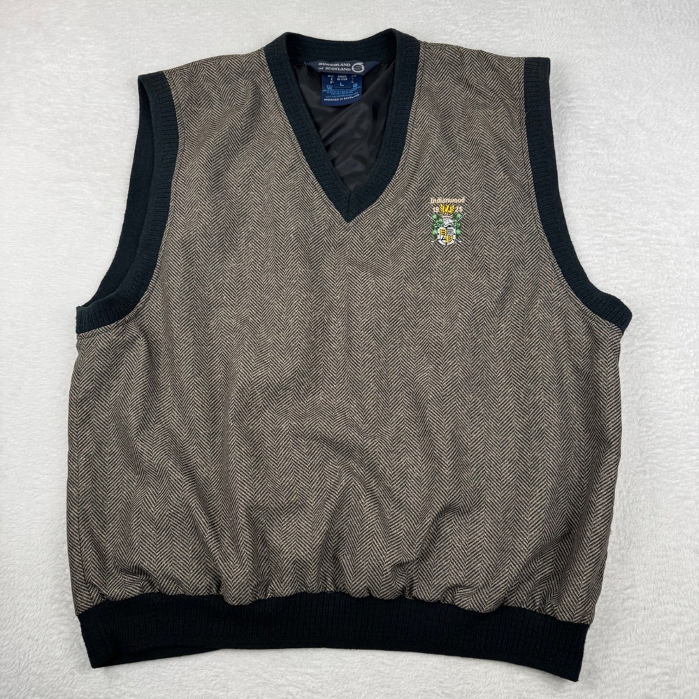 Sunderland of Scotland Golf Vest Mens Large Brown Herringbone Indianwood V-Neck